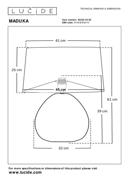 Lucide Premium MADUKA - Lampe de table - Ø 45 cm - 1xE27 - Noir - technique